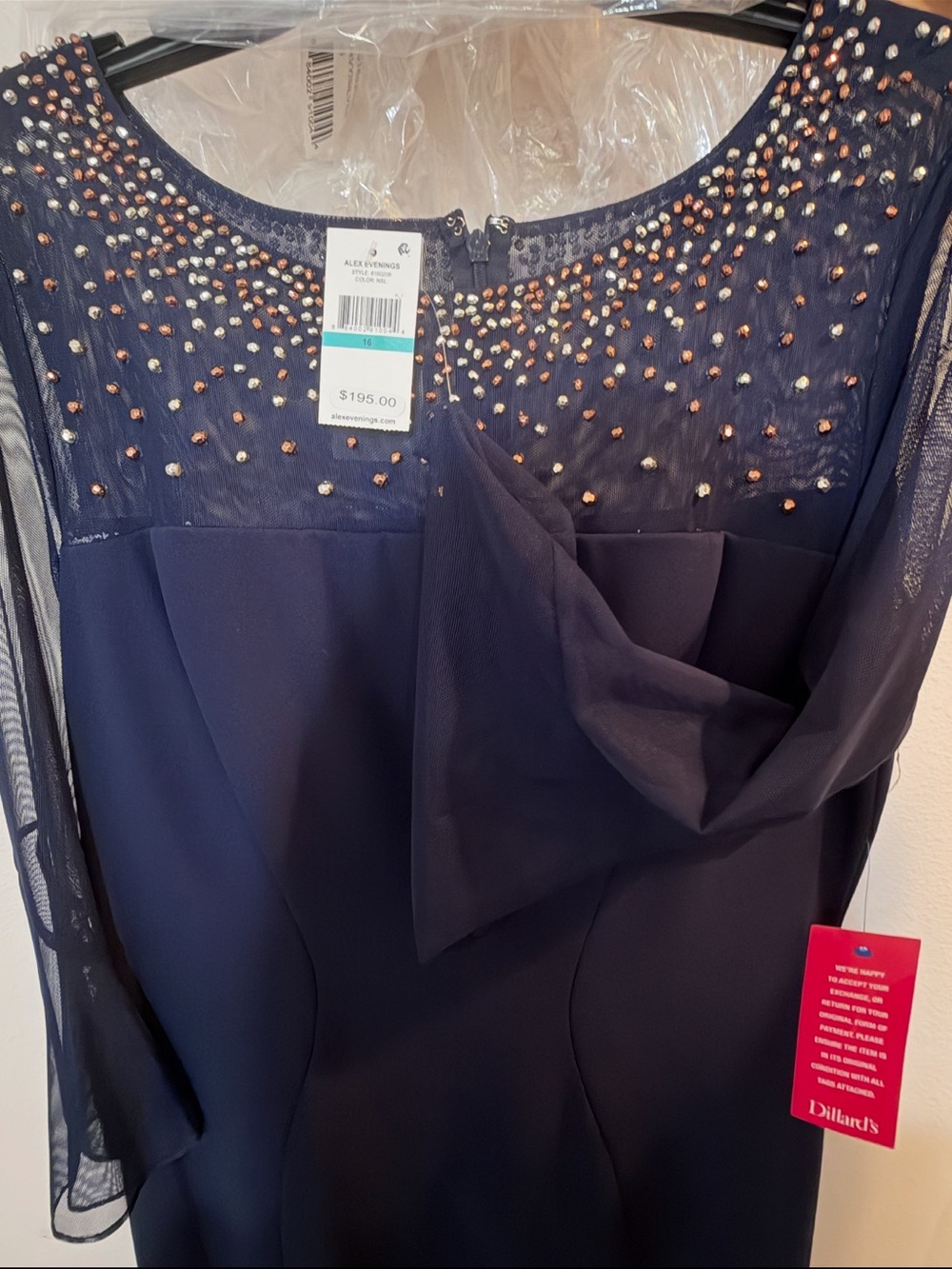 Alex Evenings Navy Long Sleeve Beaded Illusion Neck Dress